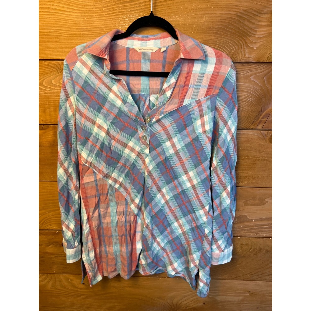 Soft Surroundings Plaid Long Sleeve 1/4 Button Top XS Coral Blue Casual oversize
